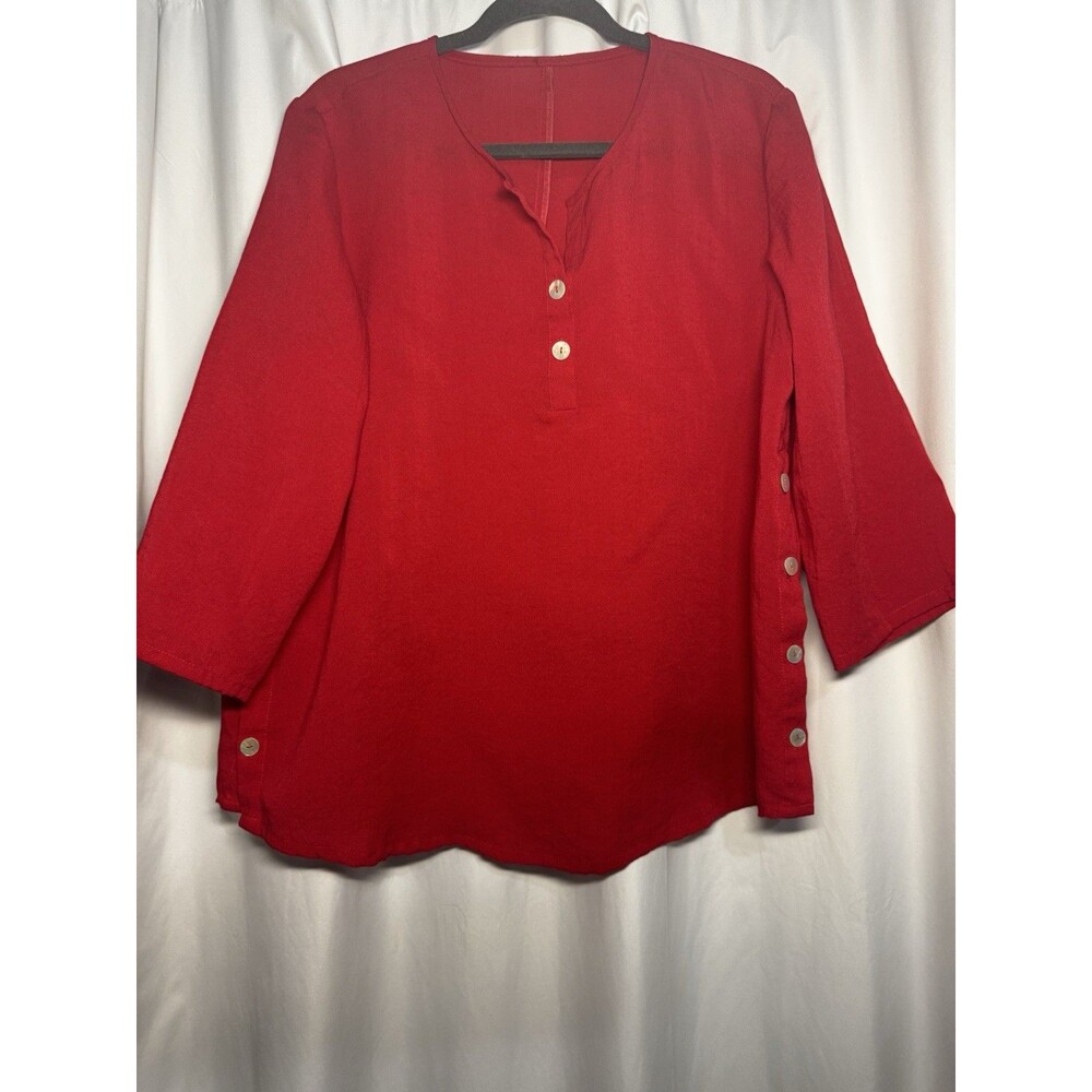 Fridaze Women's Red Solid Linen Woven V-Neck 3/4 Sleeve Button Blouse L